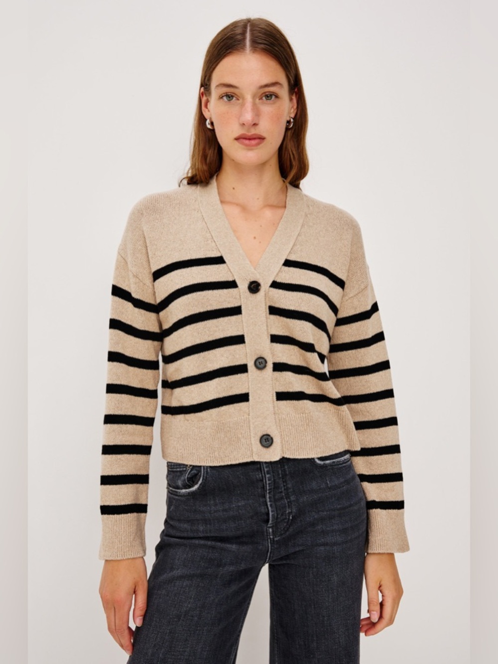 Rails Geneva Stripe Cotton Blend Cardigan Large Oatmeal Black Boho Modest NOTE